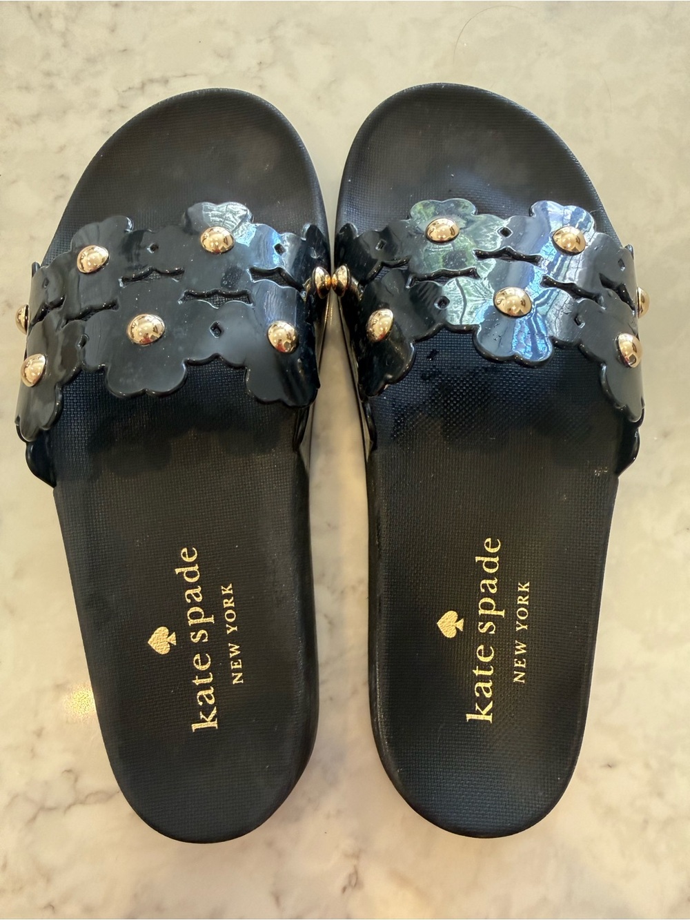kate spade Black Floral Slide Sandals with Gold Stud Accents